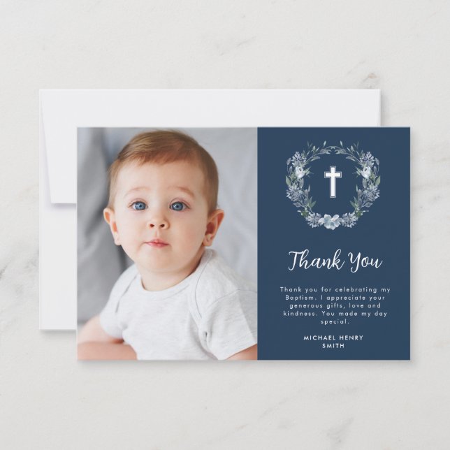 Invitación acuarela azul floral bautismo de agradecimiento ta (Anverso)