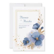 Acuarela Azul Floral Elegante con Hoja de Oro para