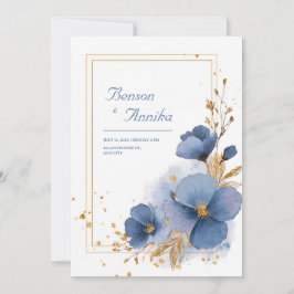 Invitación Acuarela Azul Floral Elegante con Hoja de Oro para