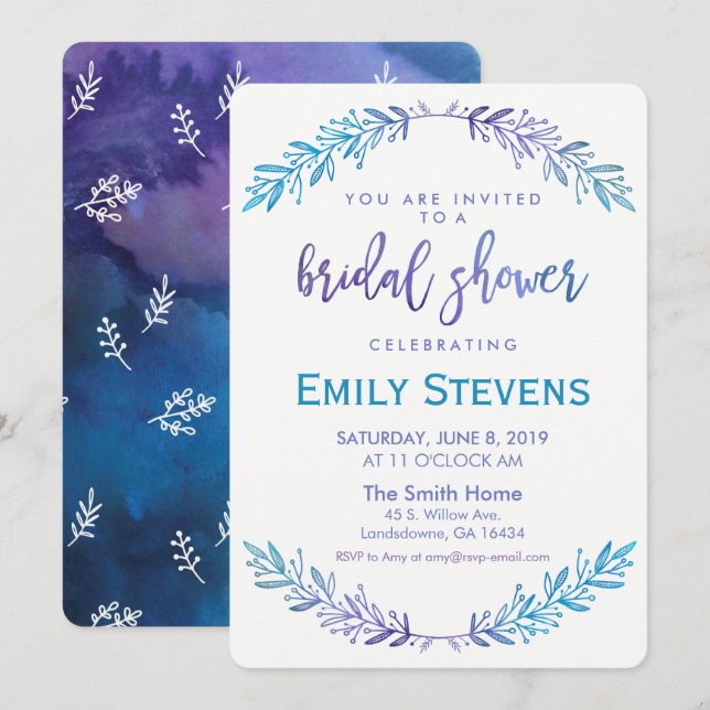 Invitación Acuarela Azul floral y morado (Anverso / Reverso)