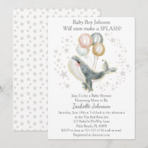 Acuarela azul gris dorado Cute Ballena Baby Shower