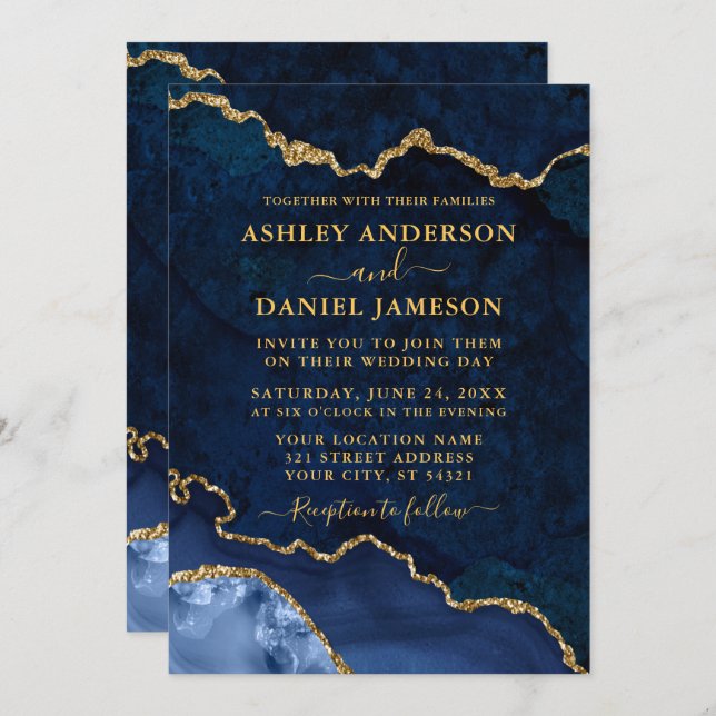 Invitación Acuarela Azul Marble Agate Geode Boda Gold (Anverso / Reverso)