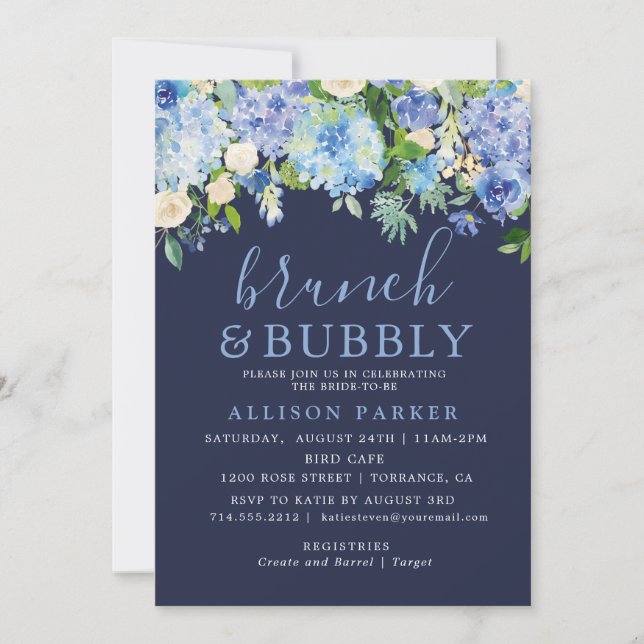 Invitación Acuarela azul marina Hydrangea Brunch & Bubbly (Anverso)