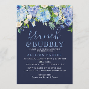 Invitación Acuarela azul marina Hydrangea Brunch & Bubbly