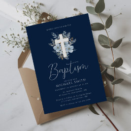 Invitación acuarela azul marino floral baptismo