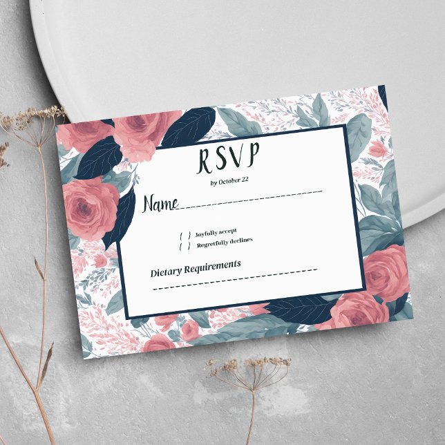 Invitación Acuarela azul marino malva rosa floral RSVP (Watercolor navy blue mauve pink floral RSVP )
