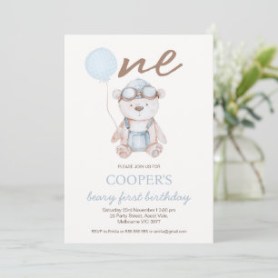 Invitación Acuarela Azul Marrón Beary Primer Cumpleaños