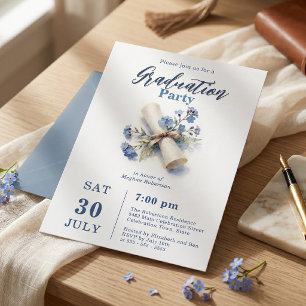 Invitación Acuarela Azul No Me Olvides Diploma Graduación