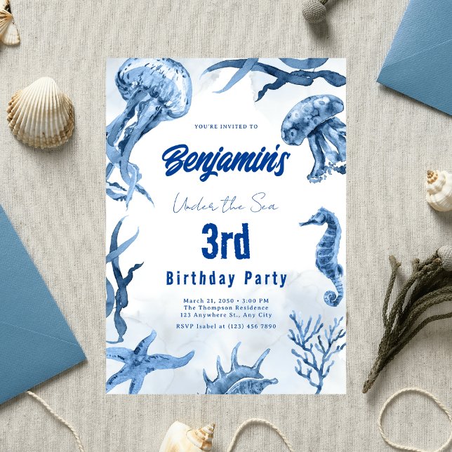 Invitación Acuarela Azul Océano submarino Animales Cumpleaños (Subido por el creador)