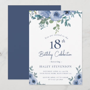 Invitación Acuarela Azul Polvoriento Floral 18 Cumpleaños Chi