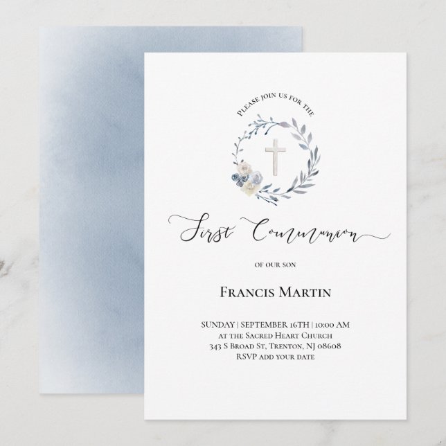 Invitación acuarela azul polvoriento Primera comunión sagrada (Anverso / Reverso)