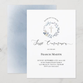 Invitación acuarela azul polvoriento Primera comunión sagrada