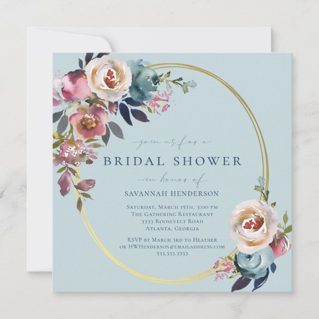 Invitación Acuarela Azul Rosa Oro Azul Floral Brillante Ducha (Anverso)