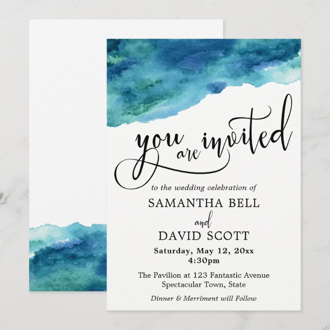 Invitación Acuarela azul verde acuático Boda moderno 2 (Anverso / Reverso)