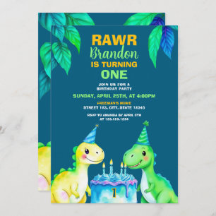 Invitación Acuarela Azul Verde Amarillo Dinosaurio Primer Cum