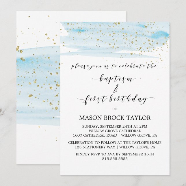 Invitación Acuarela Azul y Dorado Bautismo y Primer Cumpleaño (Anverso / Reverso)
