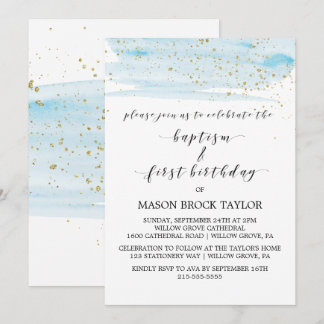 Invitación Acuarela Azul y Dorado Bautismo y Primer Cumpleaño
