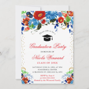 Invitación Acuarela Azul y Flores Rojas Graduación