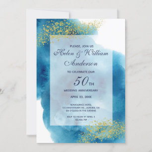 Invitación Acuarela Azul y Oro 50 Aniversario Boda