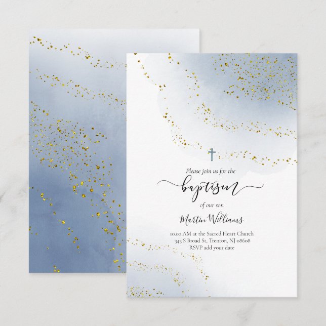 Invitación acuarela azul y Relieve metalizado FAUX bautismo c (Anverso / Reverso)
