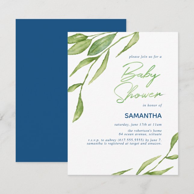 Invitación Acuarela Baby Shower botánico (Anverso / Reverso)