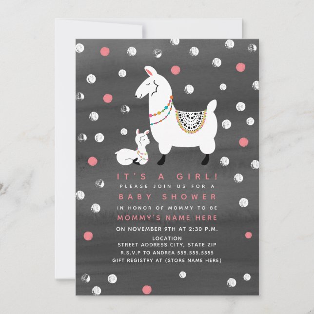 Invitación Acuarela Baby Shower del chica de la llama (Anverso)
