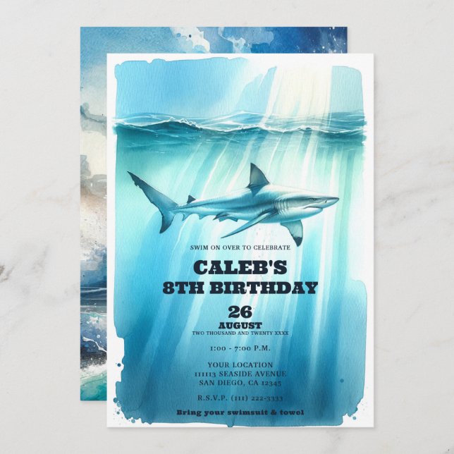 Invitación Acuarela bajo el agua Ocean Sharthday Party (Anverso / Reverso)
