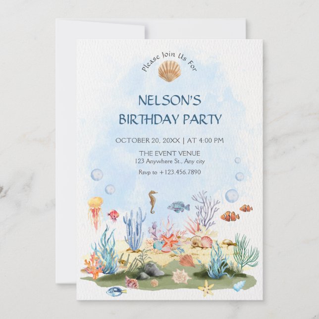 Invitación Acuarela bajo el mar  (Anverso)
