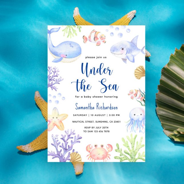 Invitación Acuarela Bajo El Mar Baby Shower Ocean Animals (Subido por el creador)