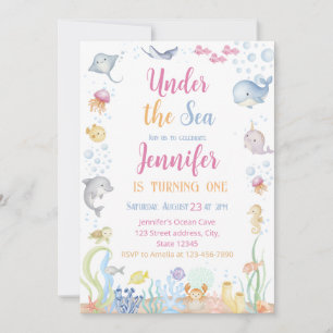 Invitación Acuarela Bajo el Mar Cumpleaños de la Primera Niña