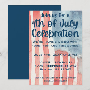 Invitación Acuarela Bandera Estadounidense 4 de Julio Fiesta