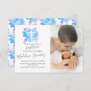 Invitación Acuarela Baptismo Floral Dedicación cruzada del be