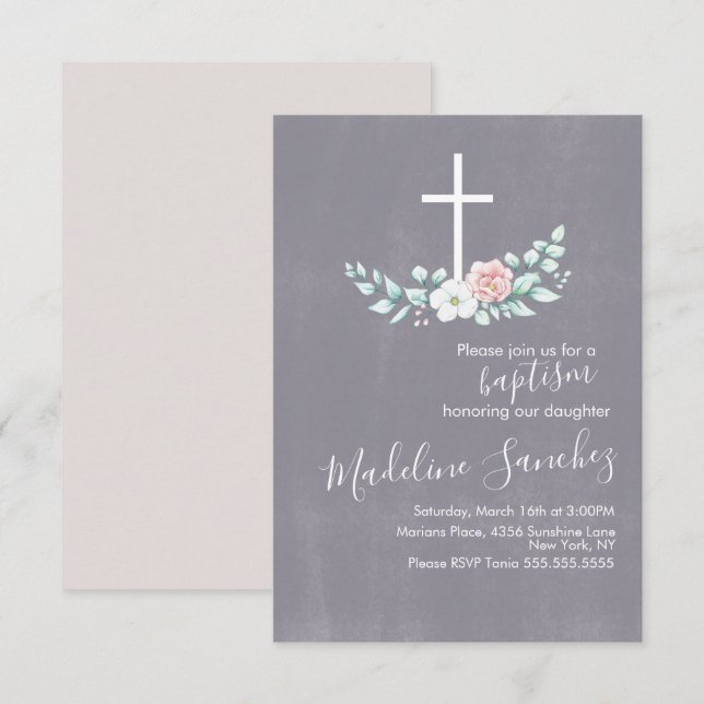 Invitación Acuarela Baptismo Floral Dedicación cruzada del be (Anverso / Reverso)