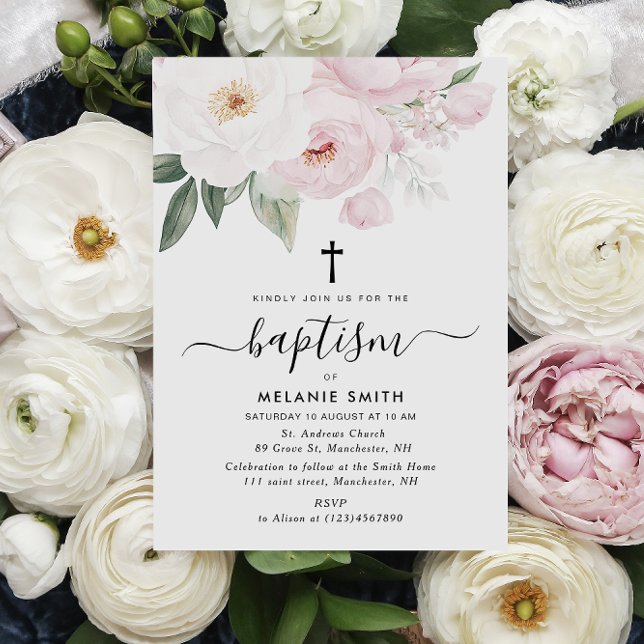 Invitación acuarela baptismo floral rosa y blanco (Subido por el creador)
