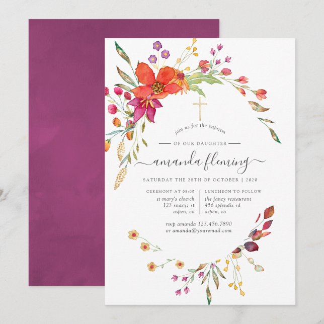Invitación Acuarela Bautismo de Flor Salvaje o Cristalización (Anverso / Reverso)