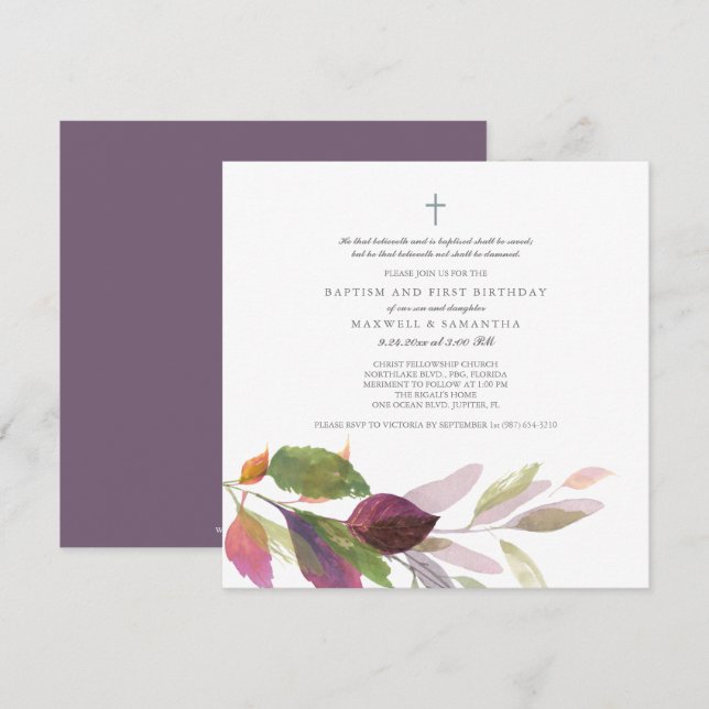 Invitación Acuarela Bautismo de Foliage de Otoño (Anverso / Reverso)