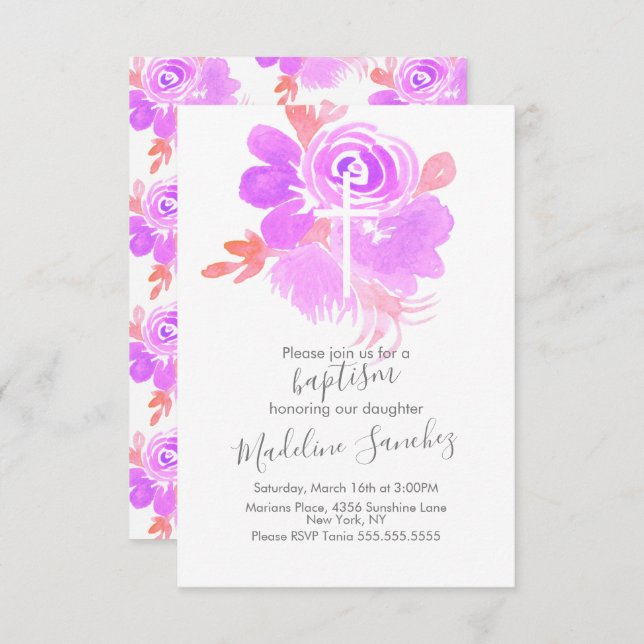 Invitación Acuarela Bautismo Floral Dedicación Purple Baby (Anverso / Reverso)