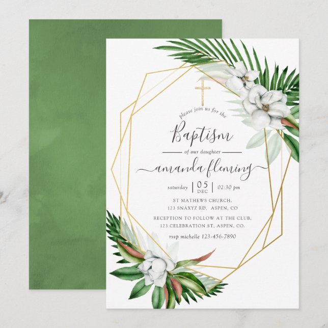 Invitación Acuarela Bautismo Floral Tropical (Anverso / Reverso)