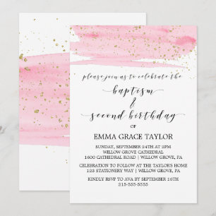 Invitación Acuarela Bautismo Rosa y Oro y Segundo Cumpleaños