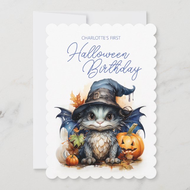 Invitación Acuarela Bebé Dragón Cumpleaños de Halloween (Anverso)