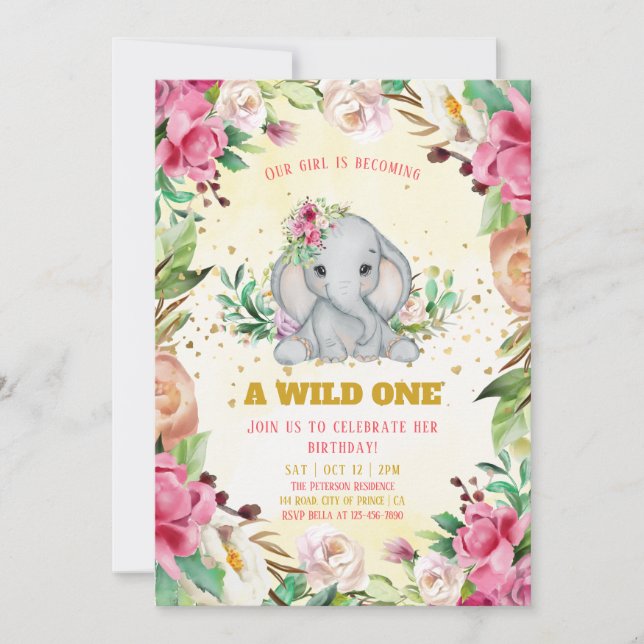 Invitación Acuarela bebé Elefante Chica Cumpleaños (Anverso)