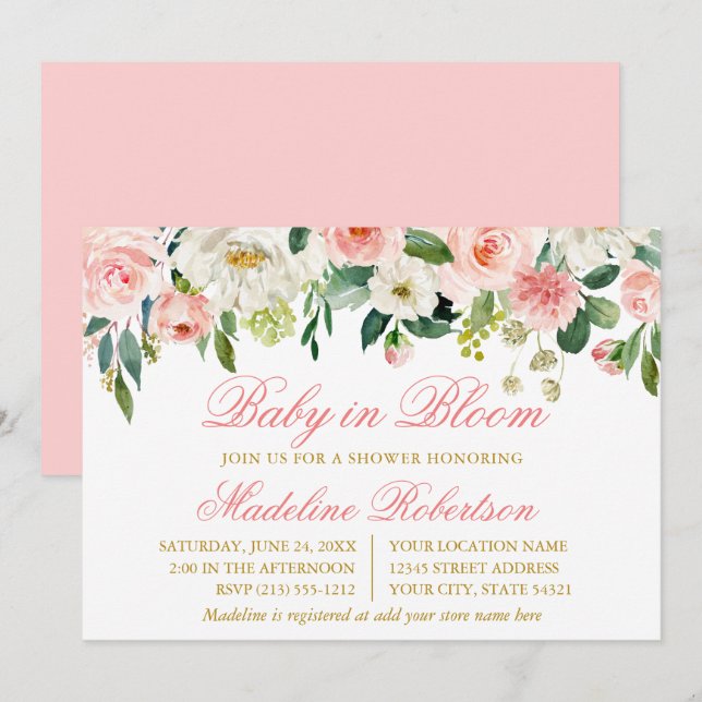 Invitación Acuarela Bebé Floral Blanco Rosa En Ducha De Bloom (Anverso / Reverso)