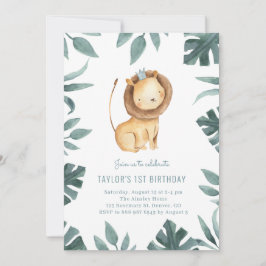 Invitación Acuarela Bebé León Príncipe Verde Cumpleaños