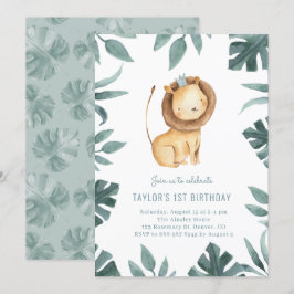Invitación Acuarela Bebé León Príncipe Verde Cumpleaños