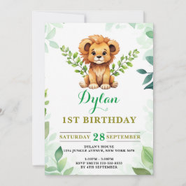 Invitación Acuarela Bebé León Príncipe Verde Cumpleaños