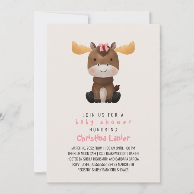 Invitación Acuarela Bebé Moose Cuato Whimsical Baby Girl (Anverso)