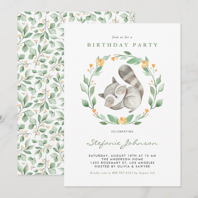 Invitación Acuarela Bebé Raccoon Wreath Niños Cumpleaños (Anverso / Reverso)