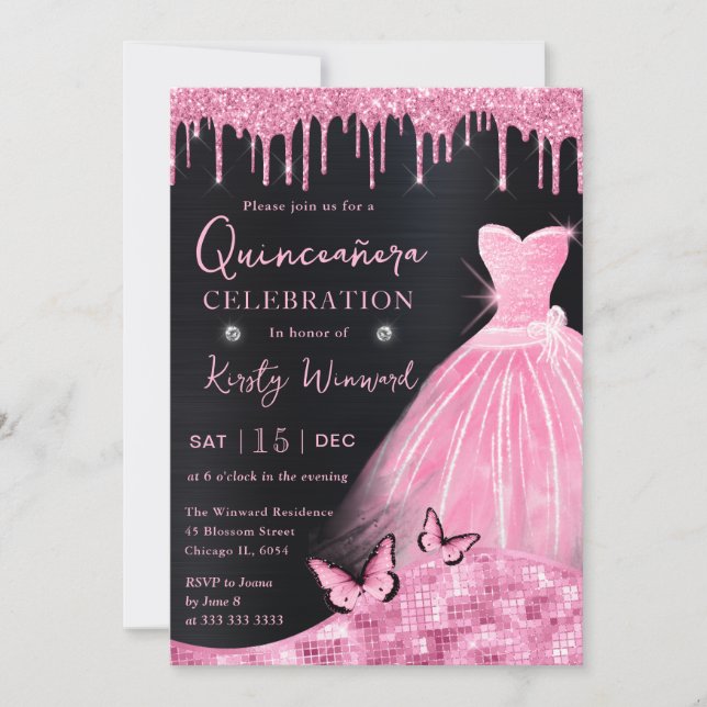 Invitación Acuarela Bebé Vestido Purpurina Rosa Quinceanera (Anverso)