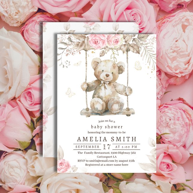 Invitación Acuarela Beige Adorable Teddy Bear Floral Rosa (Subido por el creador)