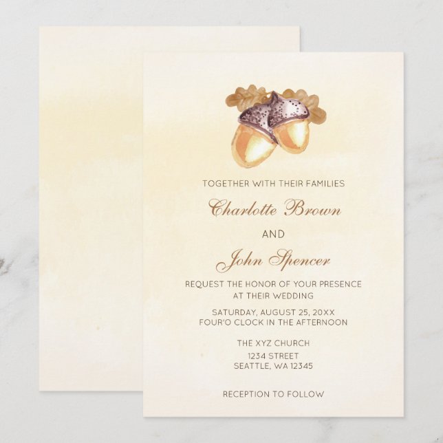 Invitación acuarela bellota hojas de roble otoño boda (Anverso / Reverso)